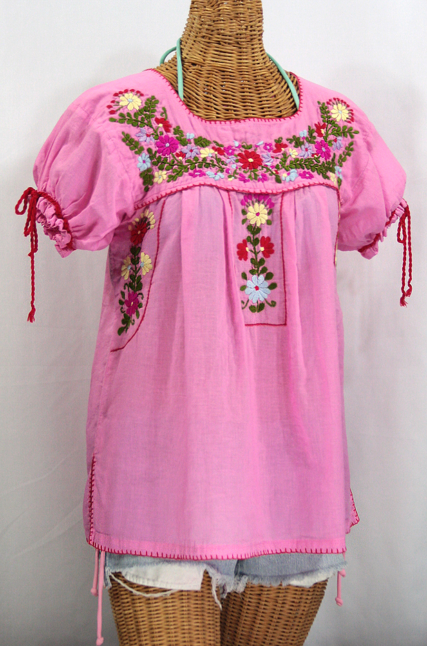 "La Antiguita" Embroidered Mexican Style Peasant Blouse - Bubblegum