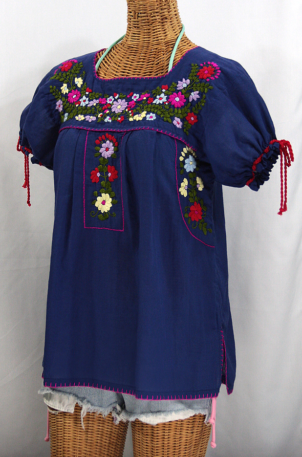 "La Antiguita" Embroidered Mexican Style Peasant Blouse - Royal Blue