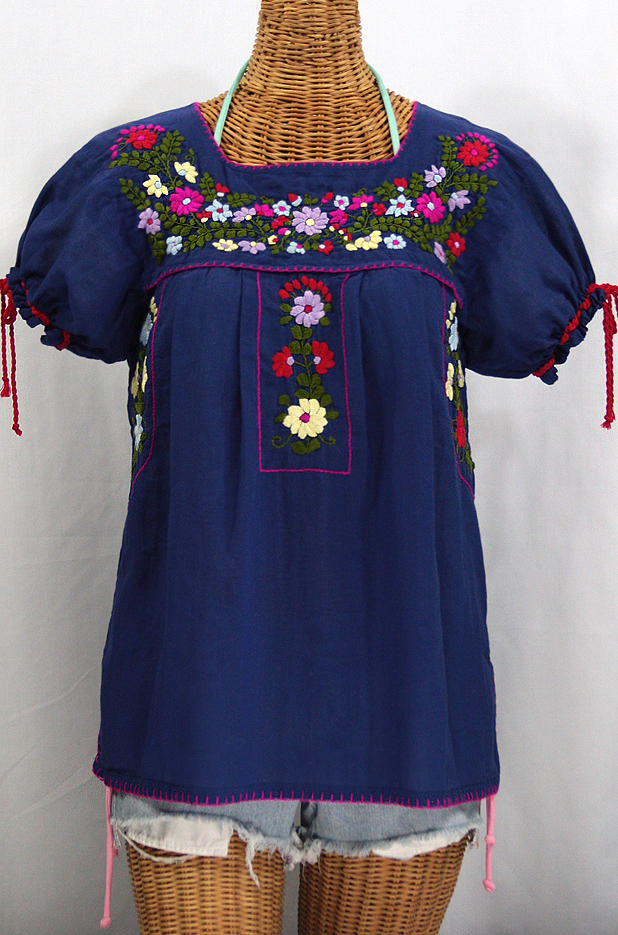 "La Antiguita" Embroidered Mexican Style Peasant Blouse - Royal Blue