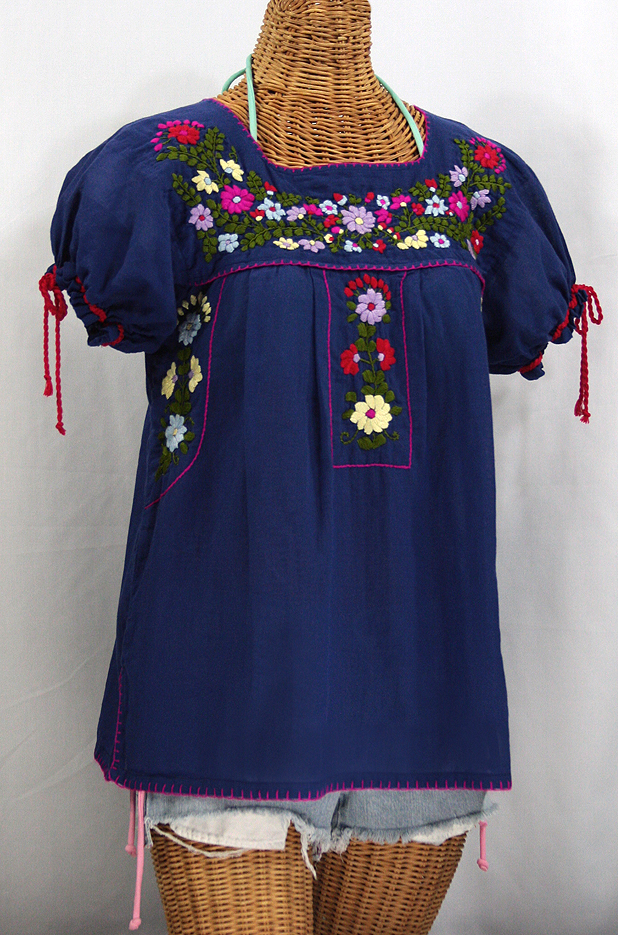 "La Antiguita" Embroidered Mexican Style Peasant Blouse - Royal Blue