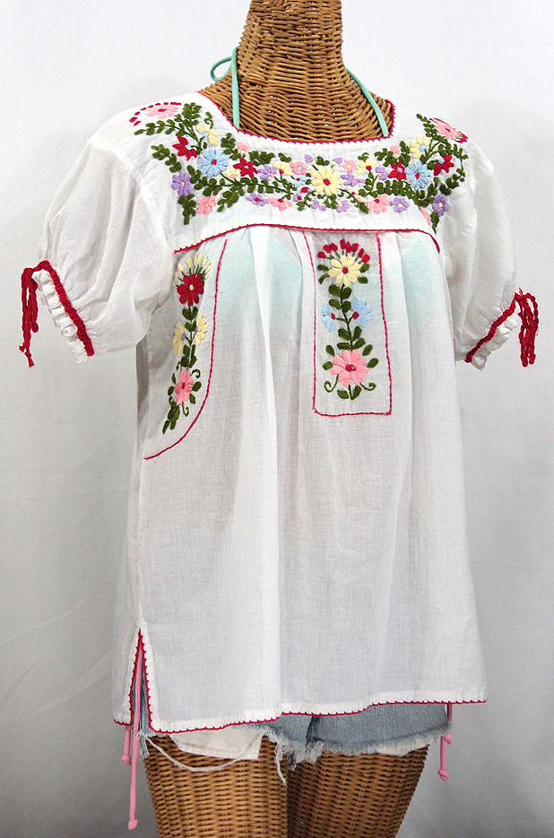 "La Antiguita" Embroidered Mexican Style Peasant Blouse - White