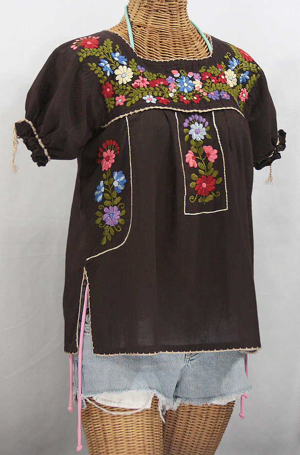 "La Antiguita" Embroidered Mexican Style Peasant Blouse - Dark Brown