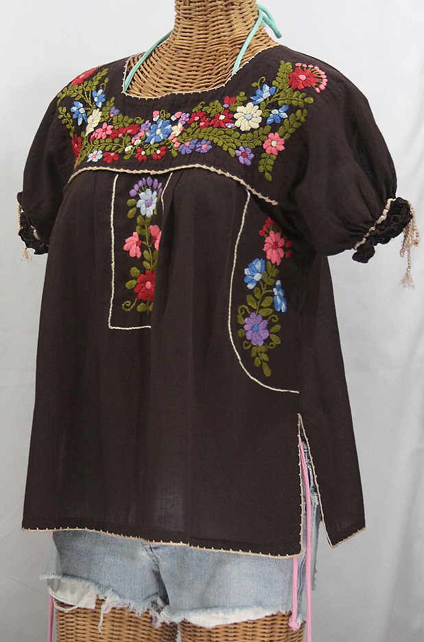 "La Antiguita" Embroidered Mexican Style Peasant Blouse - Dark Brown