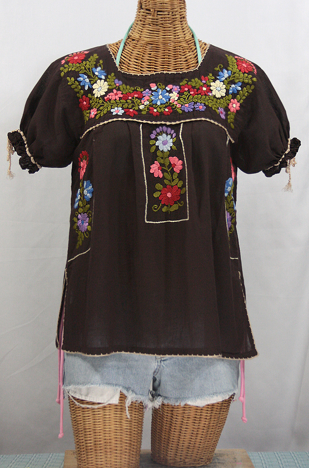 "La Antiguita" Embroidered Mexican Style Peasant Blouse - Dark Brown