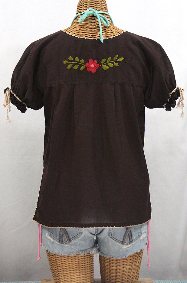 "La Antiguita" Embroidered Mexican Style Peasant Blouse - Dark Brown