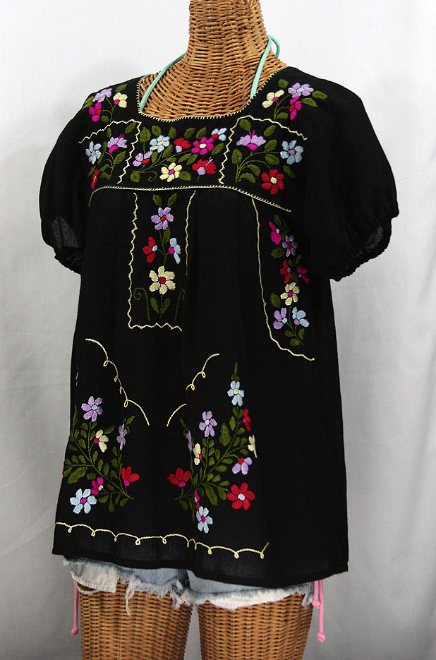 "La Belleza" Embroidered Mexican Peasant Blouse -Black