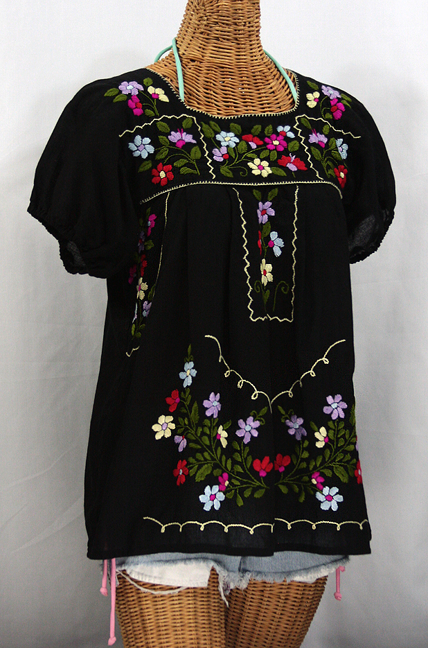 "La Belleza" Embroidered Mexican Peasant Blouse -Black