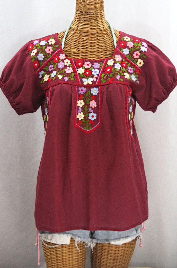 "La Fresca" Embroidered Mexican Peasant Top - Burgundy + Multi