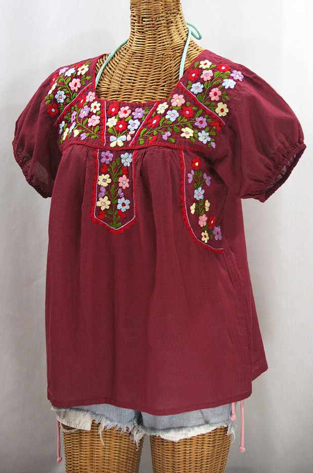 "La Fresca" Embroidered Mexican Peasant Top - Burgundy + Multi