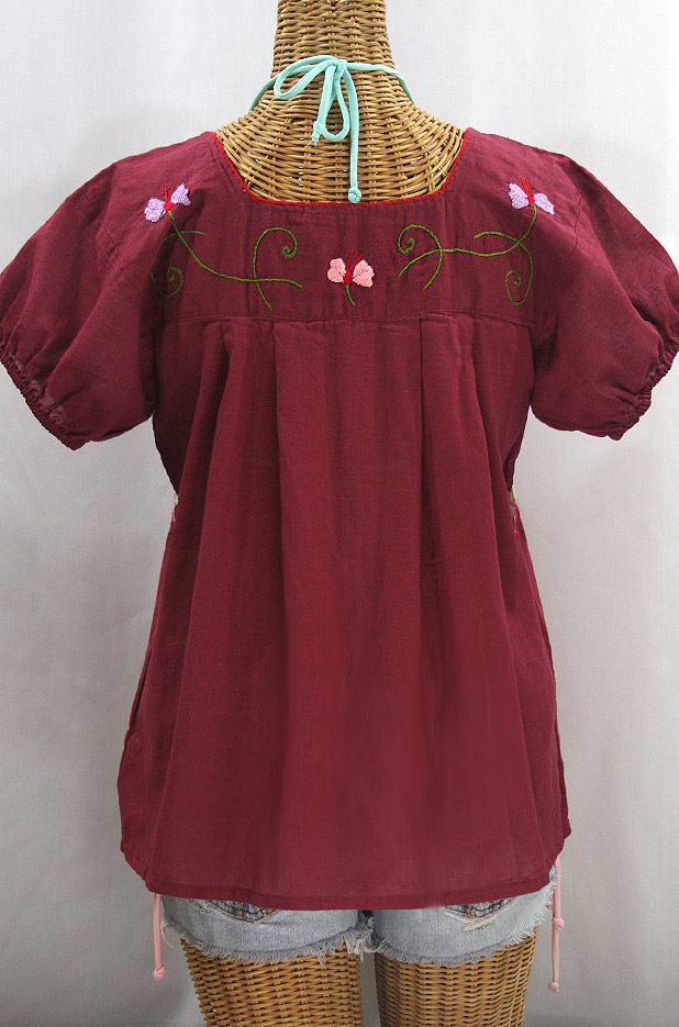 "La Fresca" Embroidered Mexican Peasant Top - Burgundy + Multi