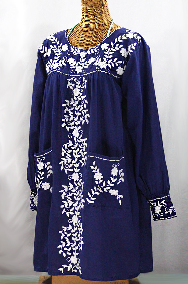 "La Bolsita" Embroidered Folkloric Tunic Style Mini Dress - Denim Blue + White