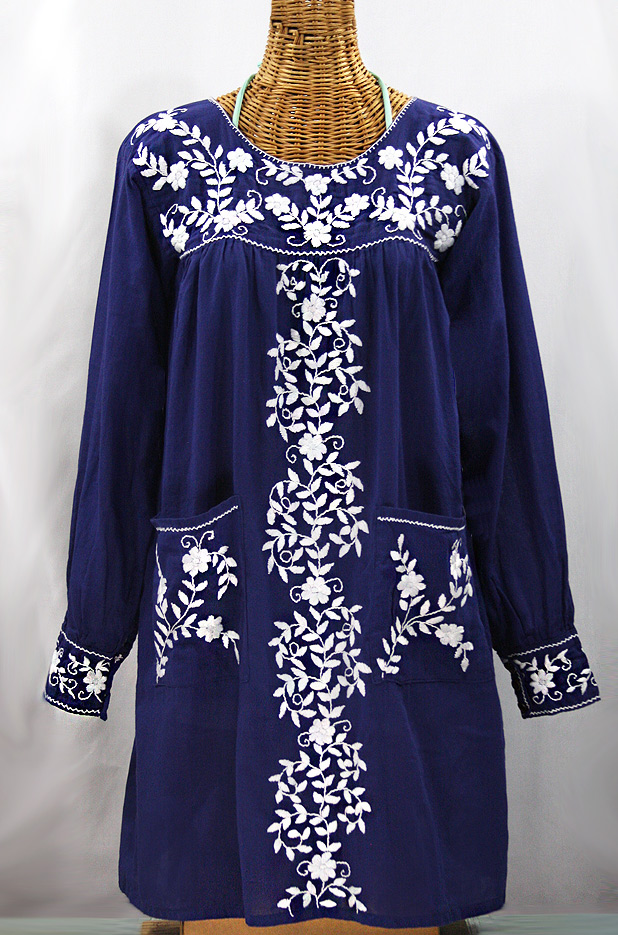 "La Bolsita" Embroidered Folkloric Tunic Style Mini Dress - Denim Blue + White