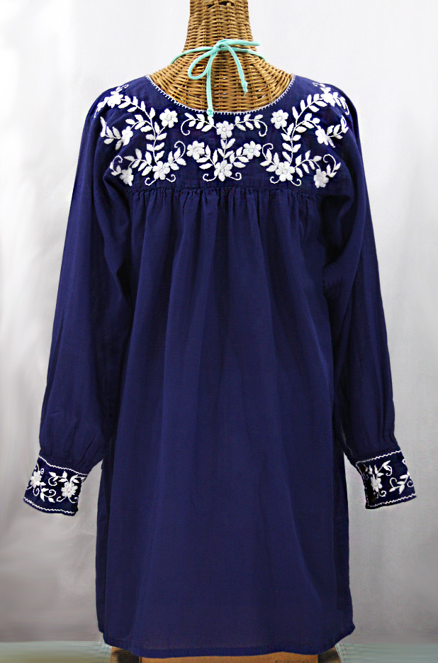 "La Bolsita" Embroidered Folkloric Tunic Style Mini Dress - Denim Blue + White