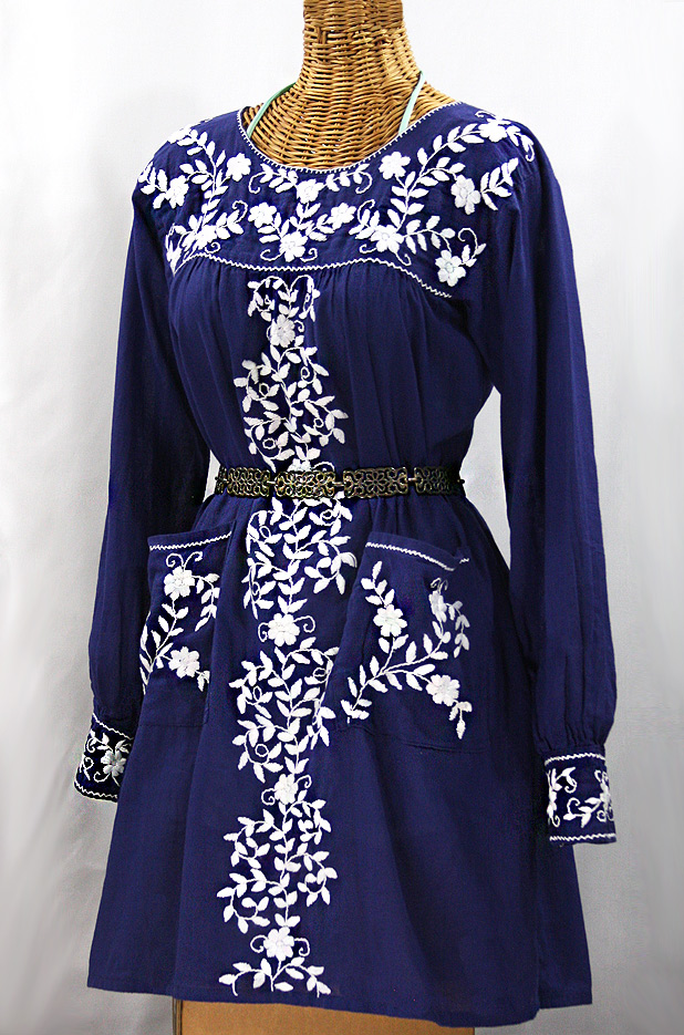 "La Bolsita" Embroidered Folkloric Tunic Style Mini Dress - Denim Blue + White