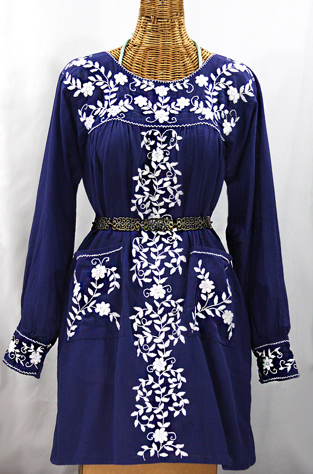 "La Bolsita" Embroidered Folkloric Tunic Style Mini Dress - Denim Blue + White