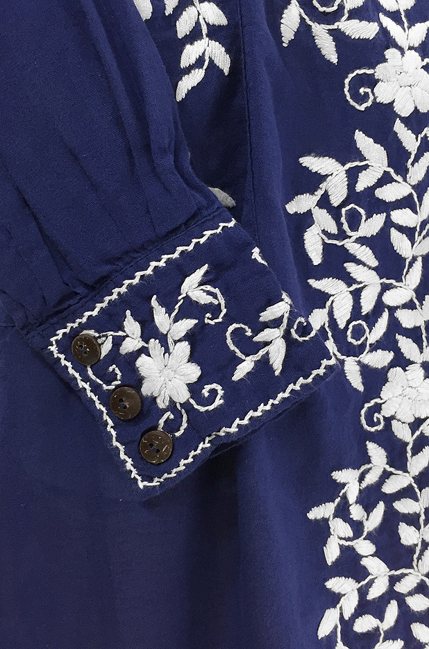 "La Bolsita" Embroidered Folkloric Tunic Style Mini Dress - Denim Blue + White