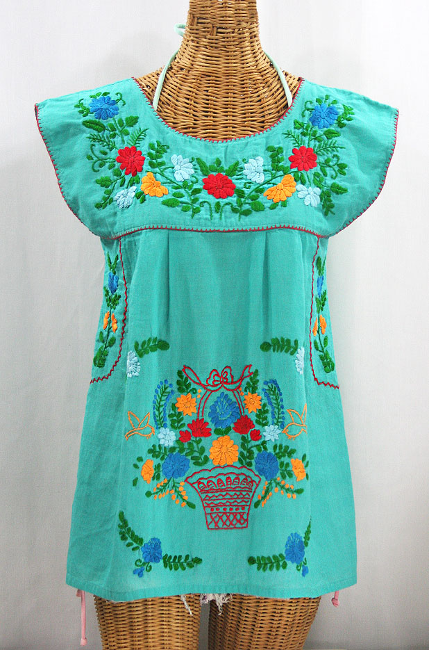 "La Boqueria" Cap Sleeve Mexican Blouse -Mint + Fiesta