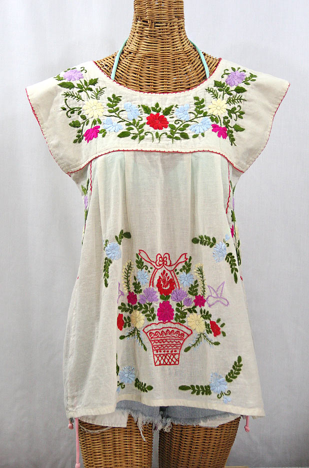 "La Boqueria" Cap Sleeve Mexican Blouse - Off White + Multi