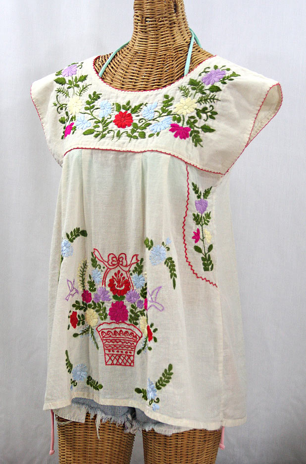 "La Boqueria" Cap Sleeve Mexican Blouse - Off White + Multi