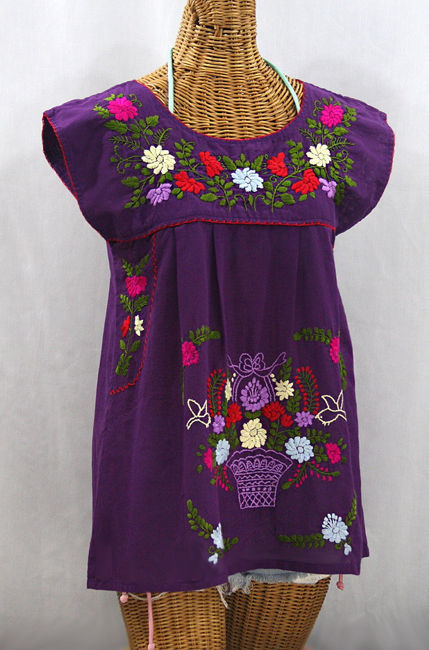 "La Boqueria" Cap Sleeve Mexican Blouse - Purple + Multi