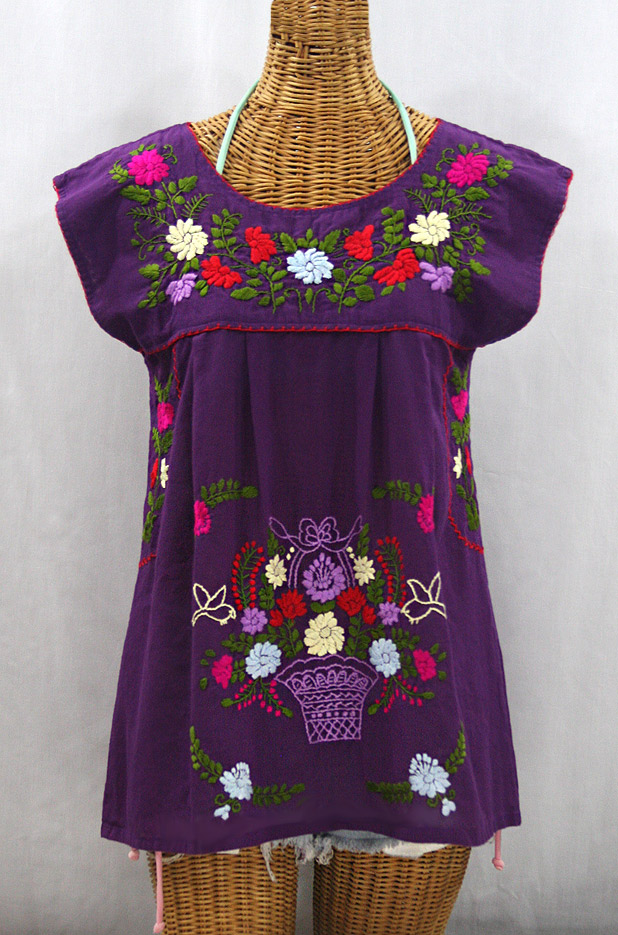 "La Boqueria" Cap Sleeve Mexican Blouse - Purple + Multi