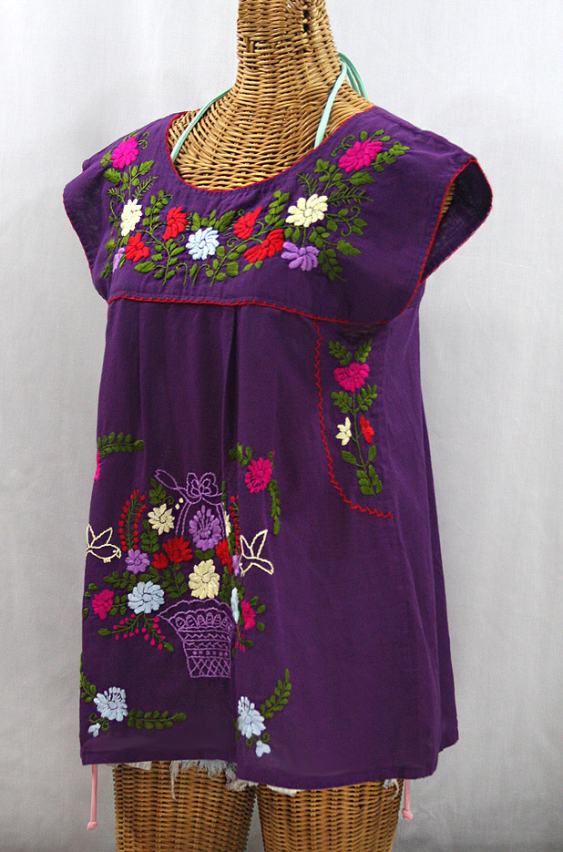 "La Boqueria" Cap Sleeve Mexican Blouse - Purple + Multi