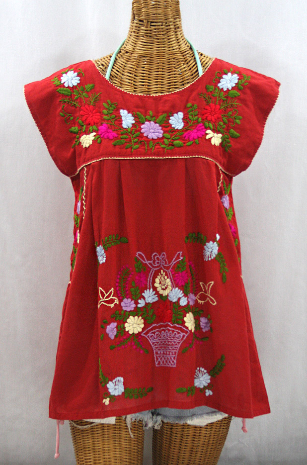 "La Boqueria" Cap Sleeve Mexican Blouse - Red + Multi