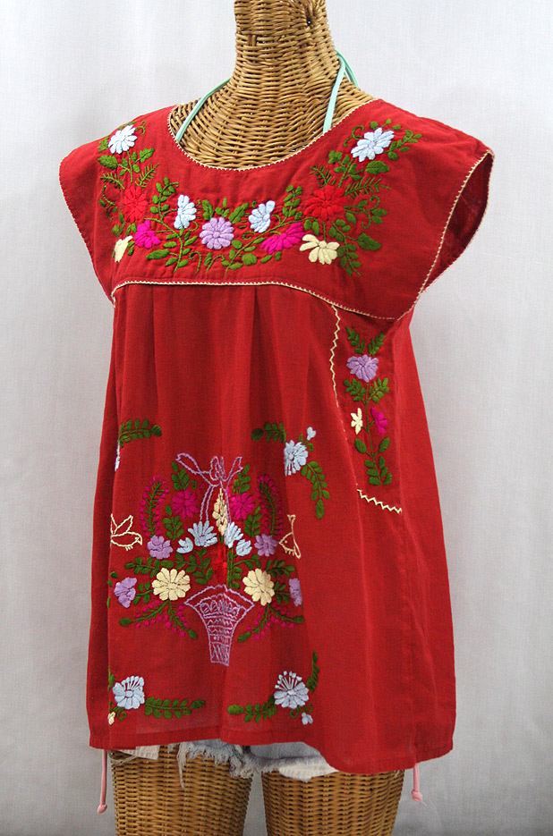 "La Boqueria" Cap Sleeve Mexican Blouse - Red + Multi