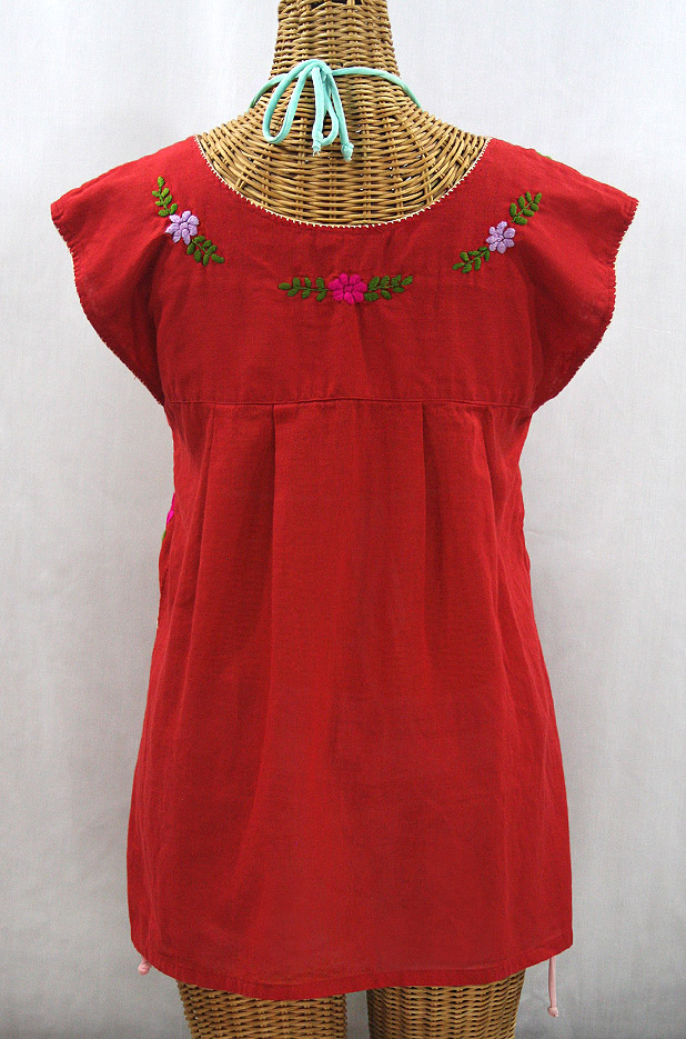 "La Boqueria" Cap Sleeve Mexican Blouse - Red + Multi