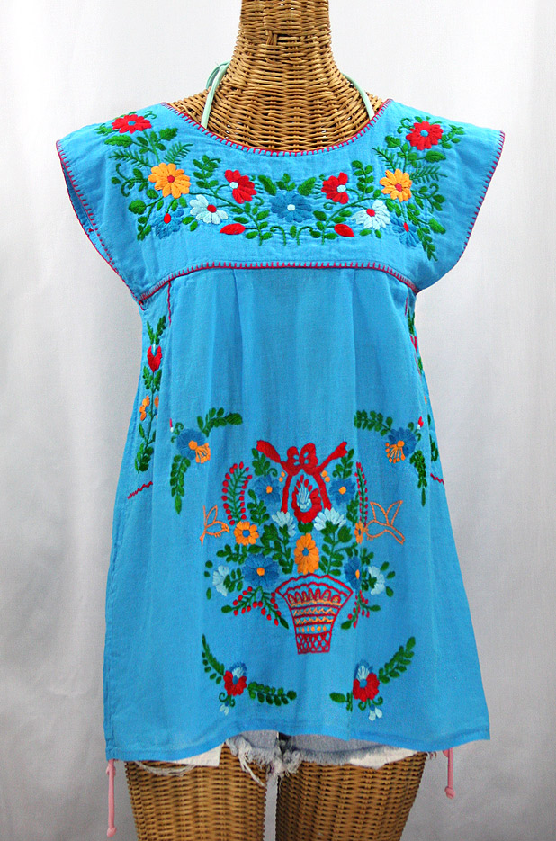 "La Boqueria" Cap Sleeve Mexican Blouse -Aqua + Fiesta