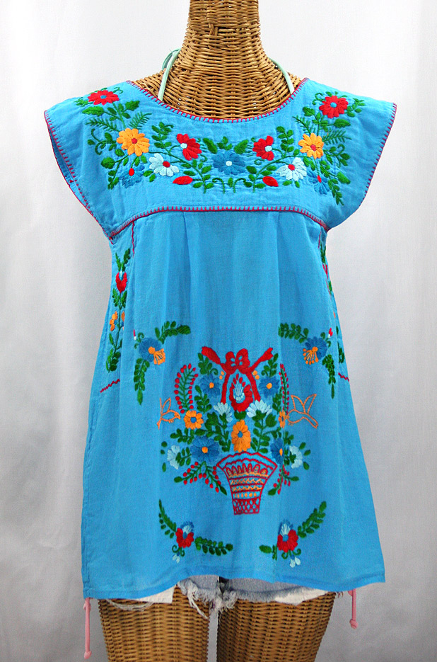 "La Boqueria" Cap Sleeve Mexican Blouse -Aqua + Fiesta