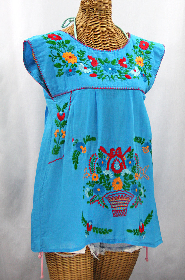 "La Boqueria" Cap Sleeve Mexican Blouse -Aqua + Fiesta