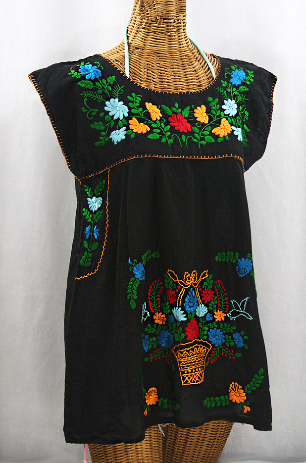 "La Boqueria" Cap Sleeve Mexican Blouse - Black + Fiesta