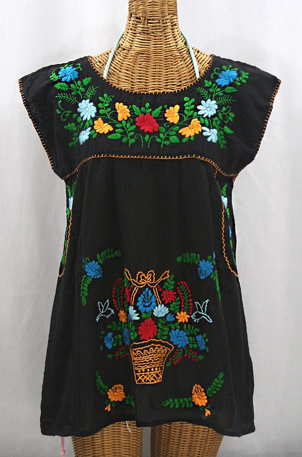 "La Boqueria" Cap Sleeve Mexican Blouse - Black + Fiesta