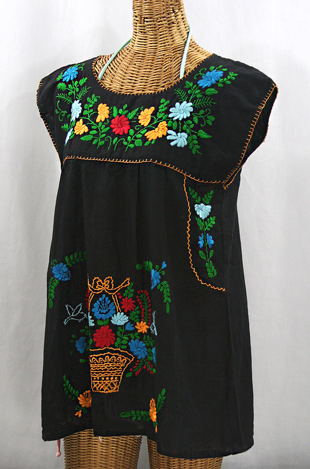 "La Boqueria" Cap Sleeve Mexican Blouse - Black + Fiesta