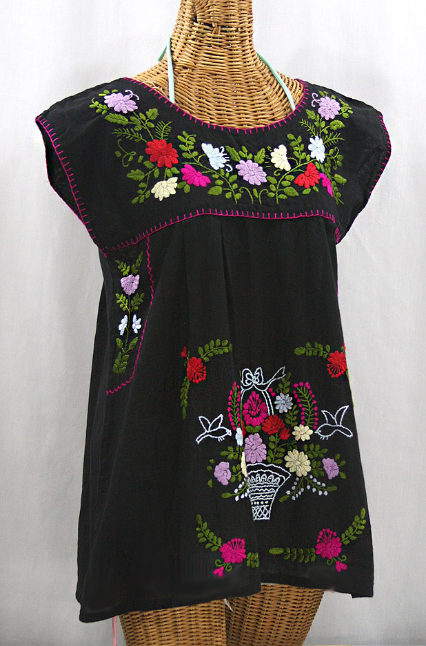 "La Boqueria" Cap Sleeve Mexican Blouse - Black + Multi