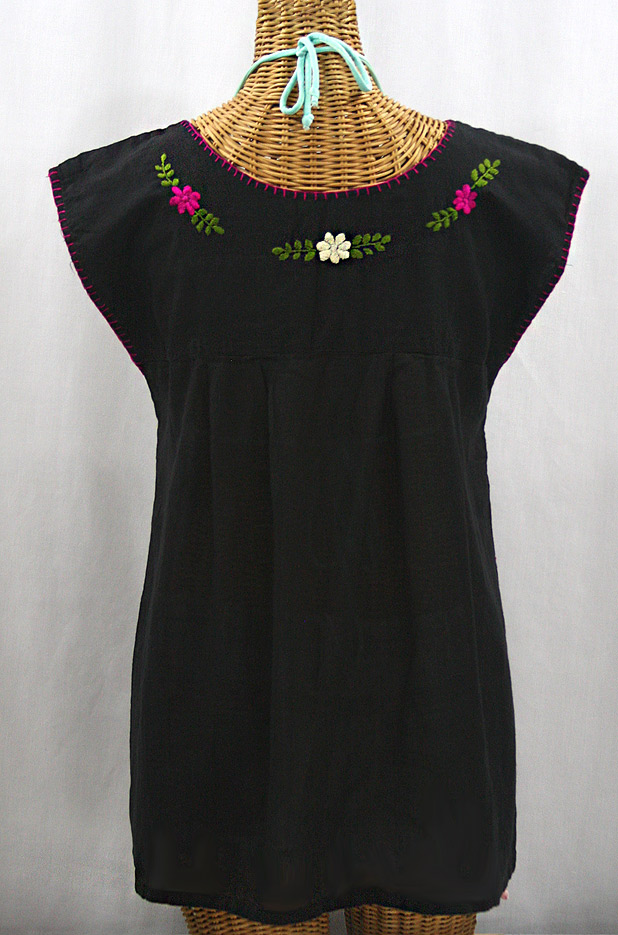 "La Boqueria" Cap Sleeve Mexican Blouse - Black + Multi