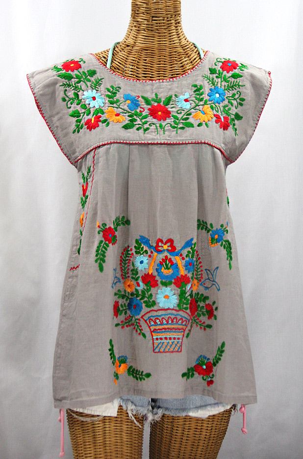 "La Boqueria" Cap Sleeve Mexican Blouse -Grey + Fiesta