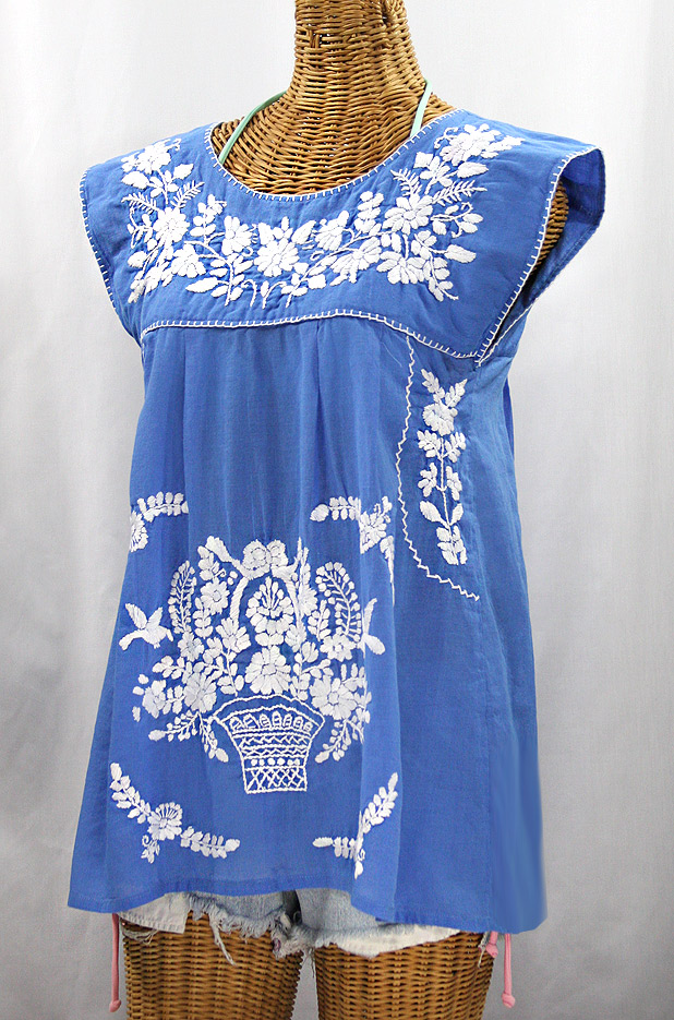 "La Boqueria" Cap Sleeve Mexican Blouse -Light Blue + White