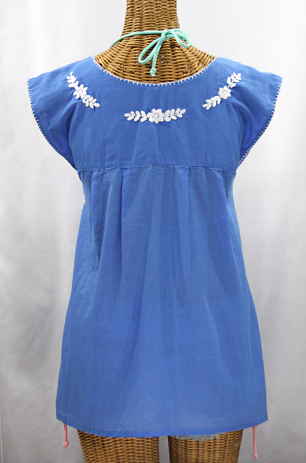 "La Boqueria" Cap Sleeve Mexican Blouse -Light Blue + White