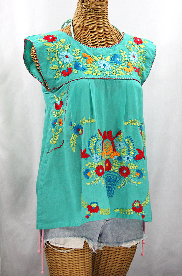 "La Boqueria" Cap Sleeve Mexican Blouse -Mint + Spring Fiesta