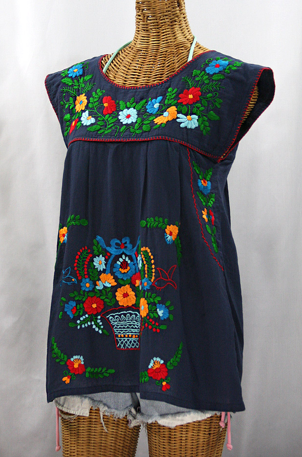 "La Boqueria" Cap Sleeve Mexican Blouse -Navy Blue + Fiesta