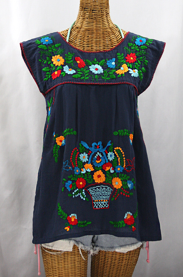 "La Boqueria" Cap Sleeve Mexican Blouse -Navy Blue + Fiesta