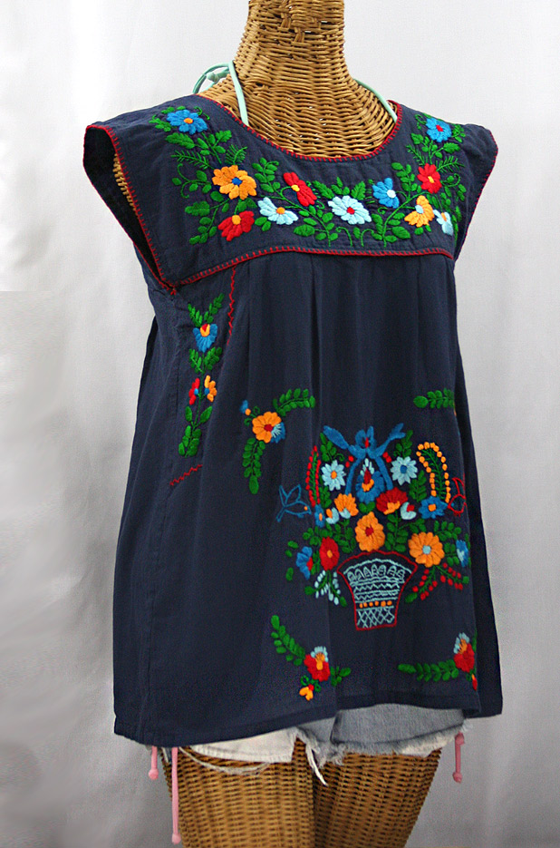 "La Boqueria" Cap Sleeve Mexican Blouse -Navy Blue + Fiesta