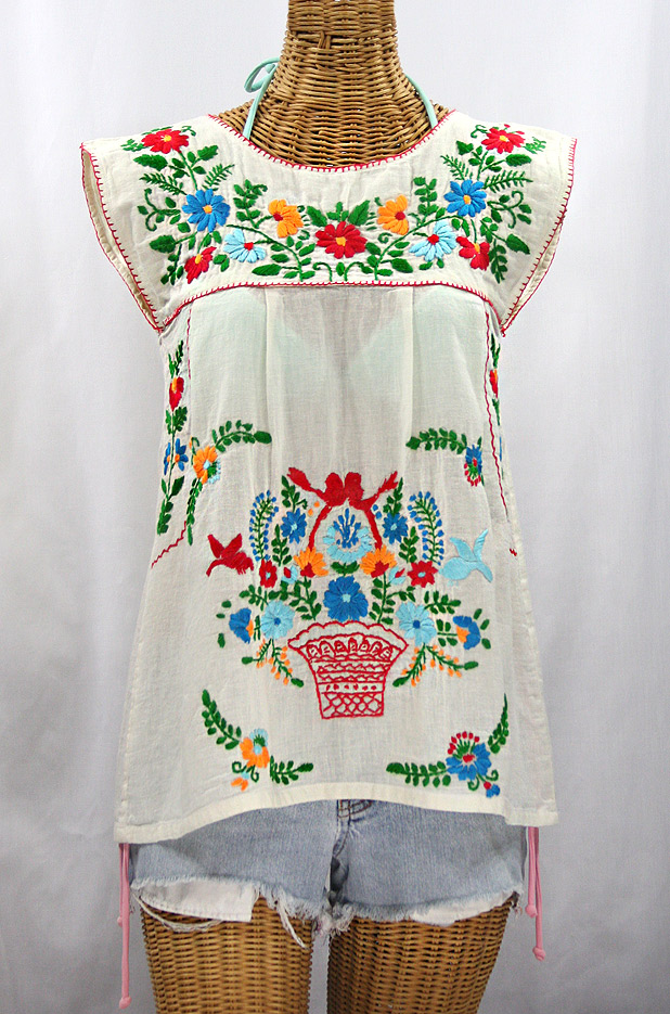 "La Boqueria" Cap Sleeve Mexican Blouse -Off White + Fiesta