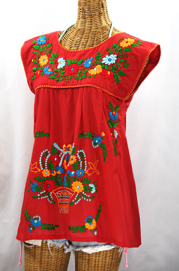 FINAL SALE -- "La Boqueria" Cap Sleeve Mexican Blouse -Red + Fiesta