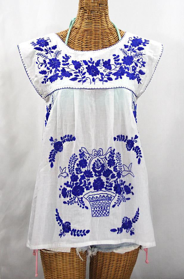 "La Boqueria" Cap Sleeve Mexican Blouse -White + Blue