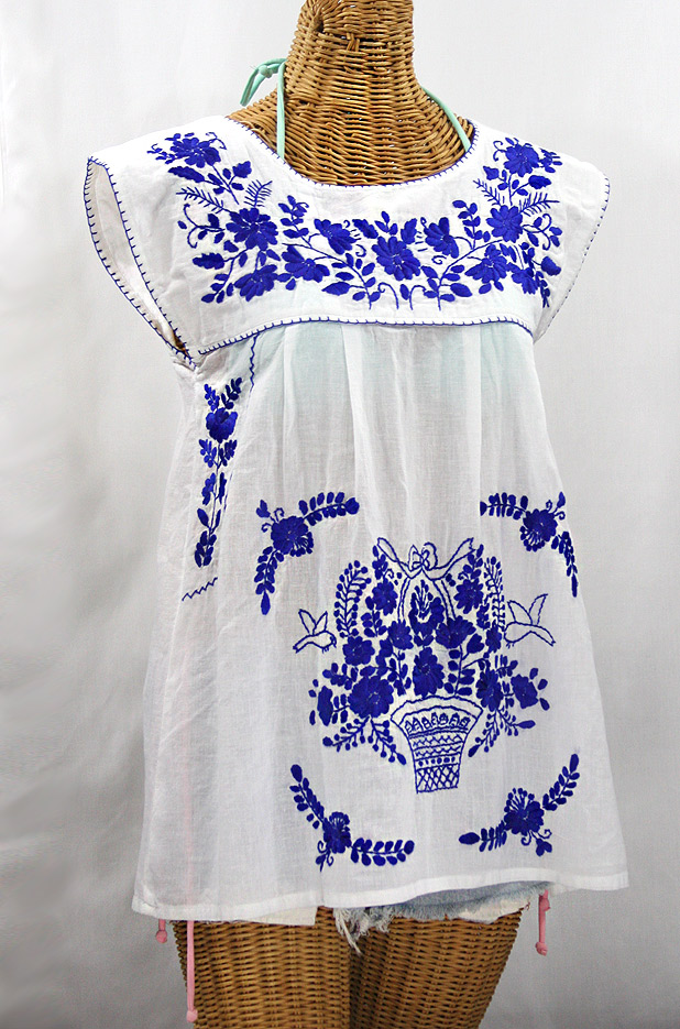 "La Boqueria" Cap Sleeve Mexican Blouse -White + Blue