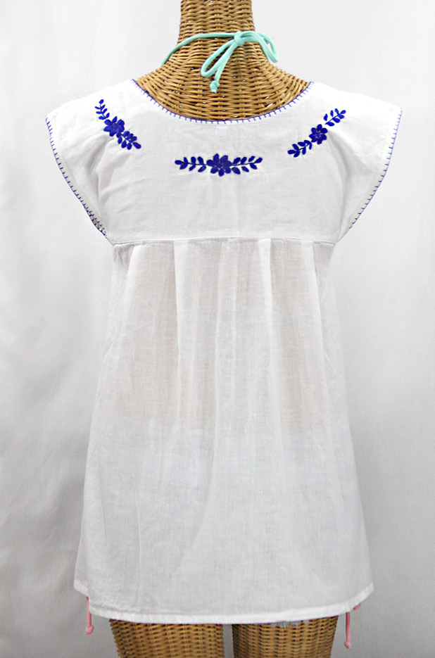 "La Boqueria" Cap Sleeve Mexican Blouse -White + Blue