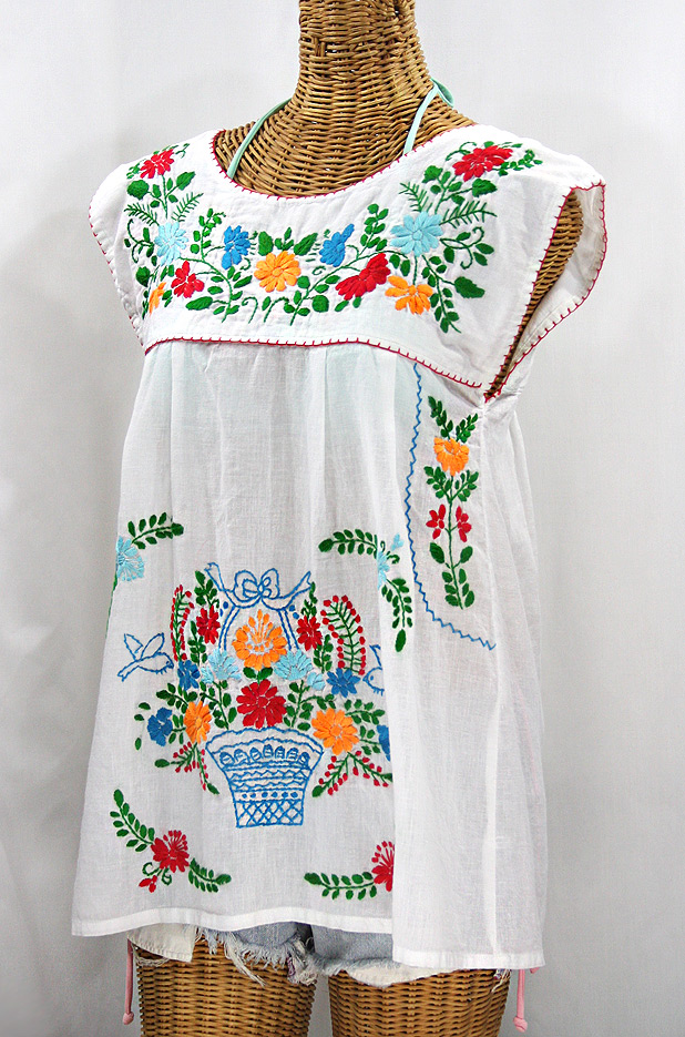 "La Boqueria" Cap Sleeve Mexican Blouse -White + Fiesta